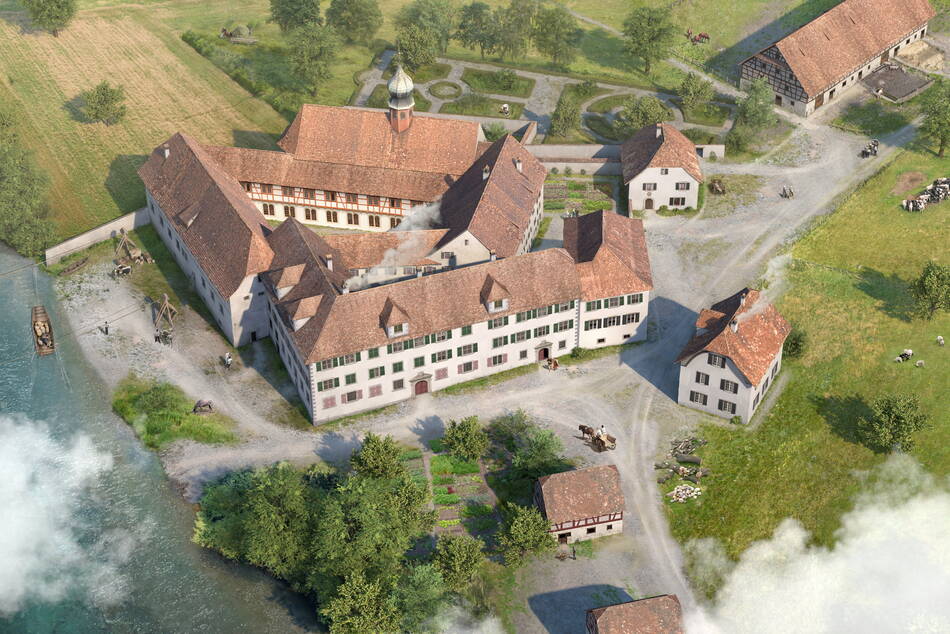 Zoom: Historische Rekonstruktion des Klosterareal in der Vogelperspektive