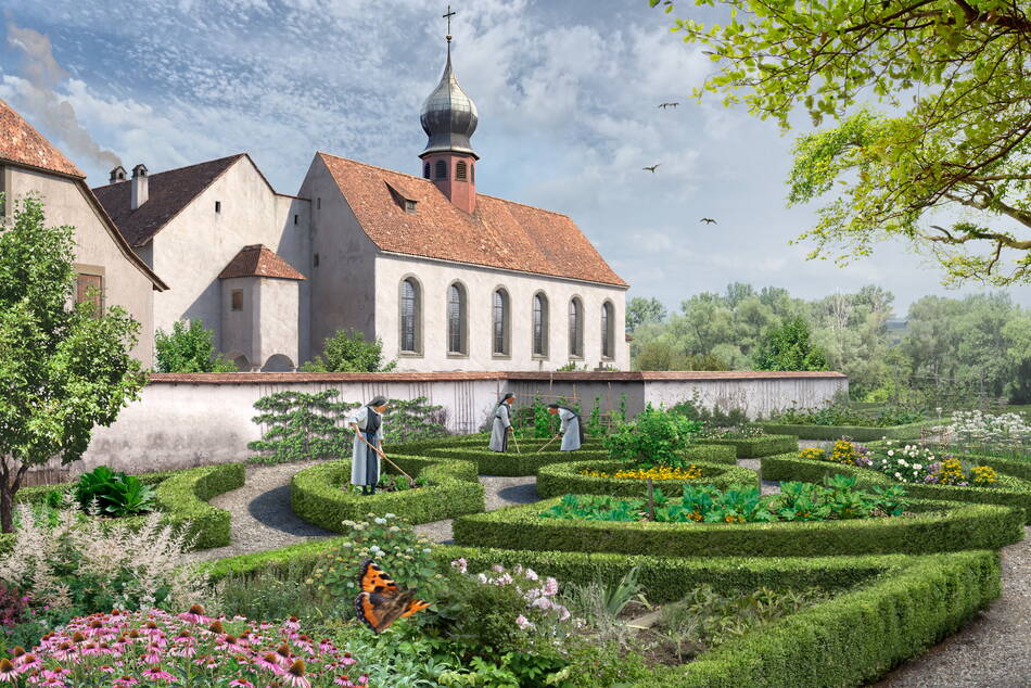 Zoom: Blick in den ehemaligen Konventgarten mit arbeitenden Zisterzienserinnen im Hintergrund die Kirche des Klosters Gnadenthal
