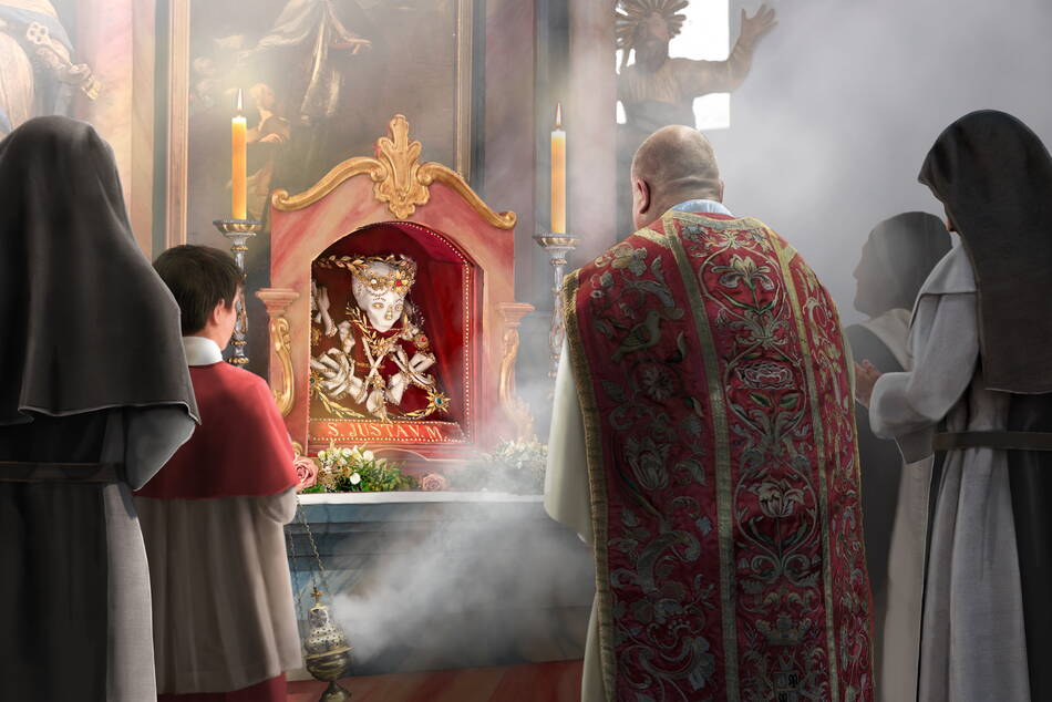 Zoom: Altar in der Klosterkirche mit den Reliquien der heiligen Justa
