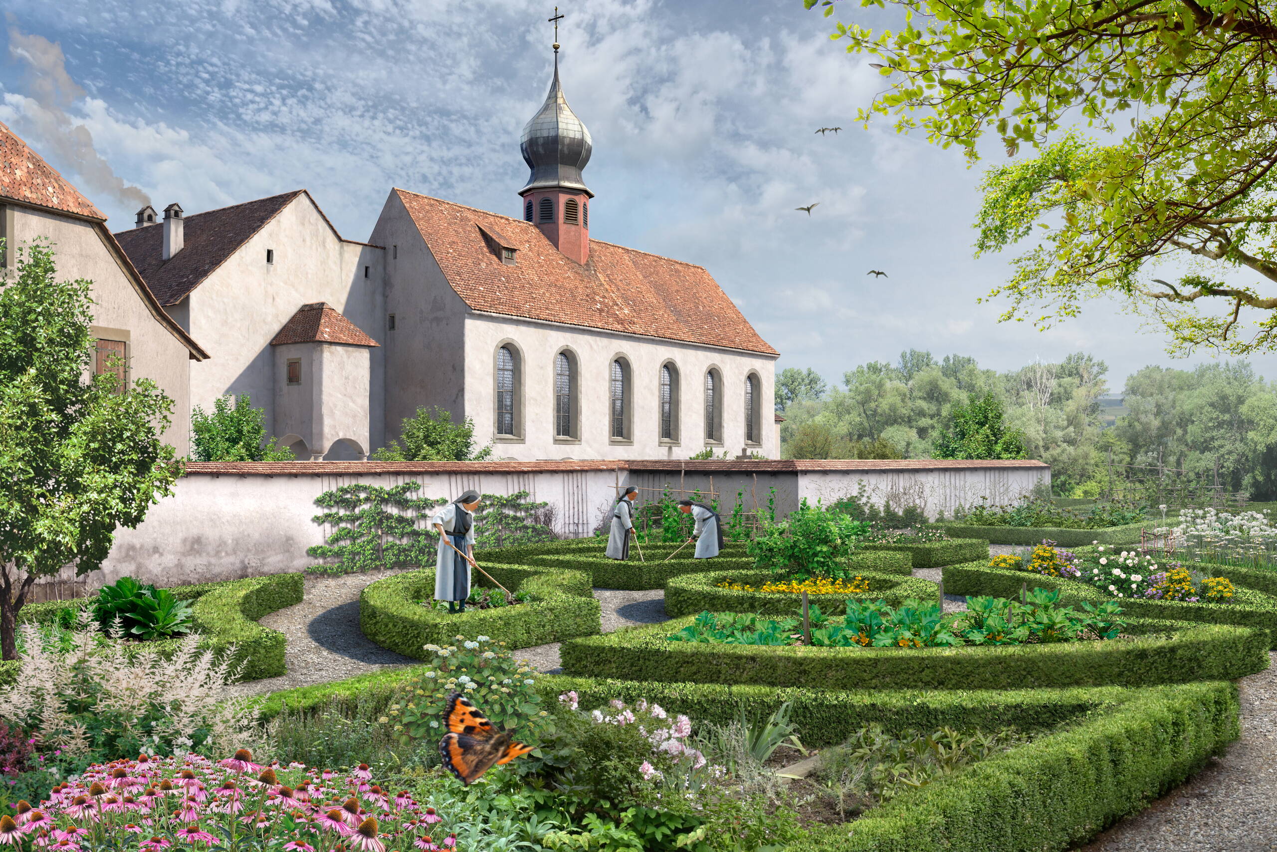 Blick in den ehemaligen Konventgarten mit arbeitenden Zisterzienserinnen im Hintergrund die Kirche des Klosters Gnadenthal
